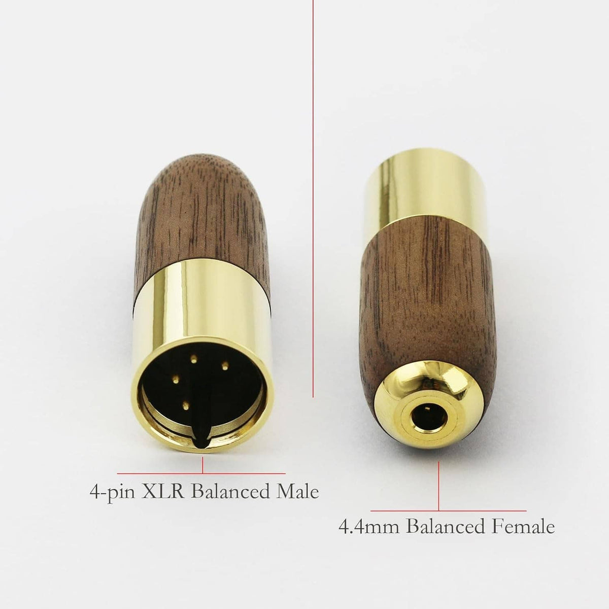 Walnut-wood XLR male and 4.4mm female ends on a gold-finished balanced audio adapter