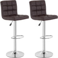 Set of 2 counter-height bar stools, dark brown tufted PU seats, chrome swivel bases