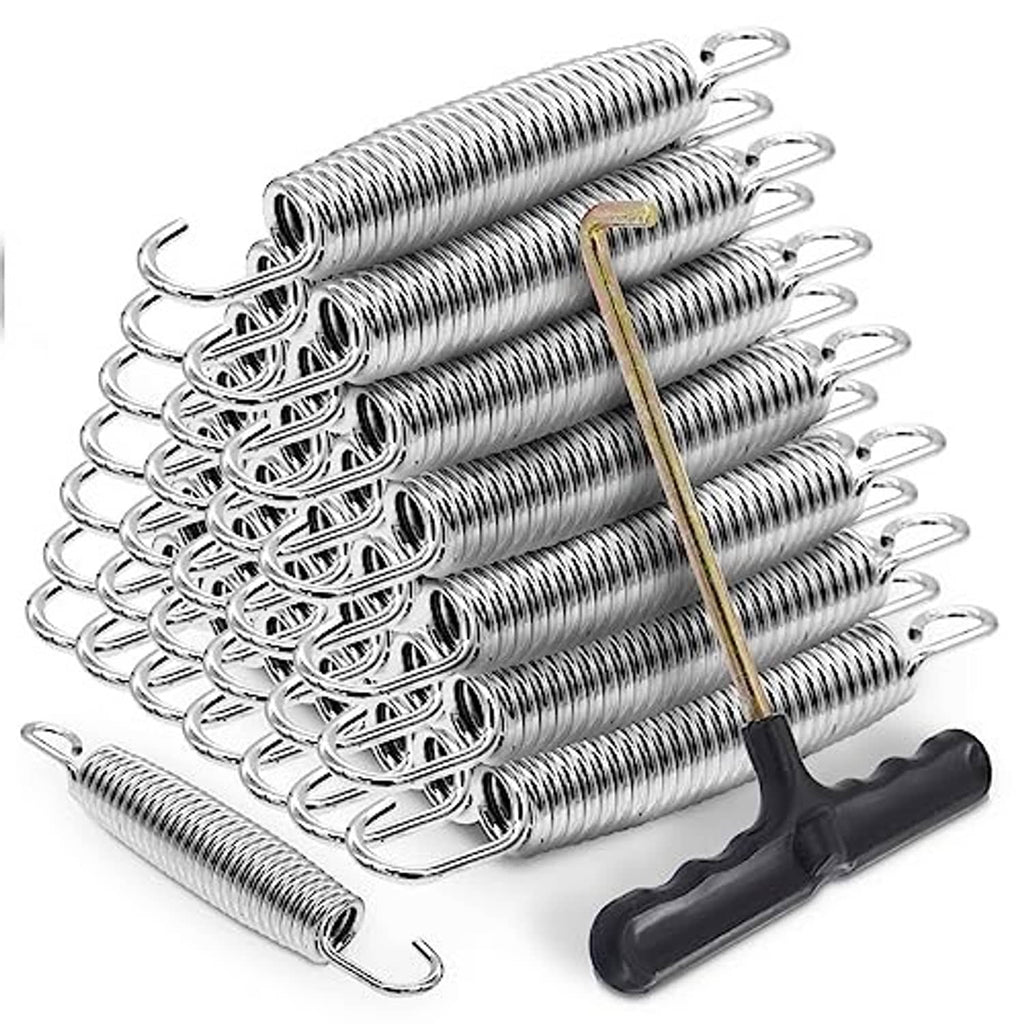 Trampoline spring replacement bundle with silver coils, T-hooks, and black installation grip