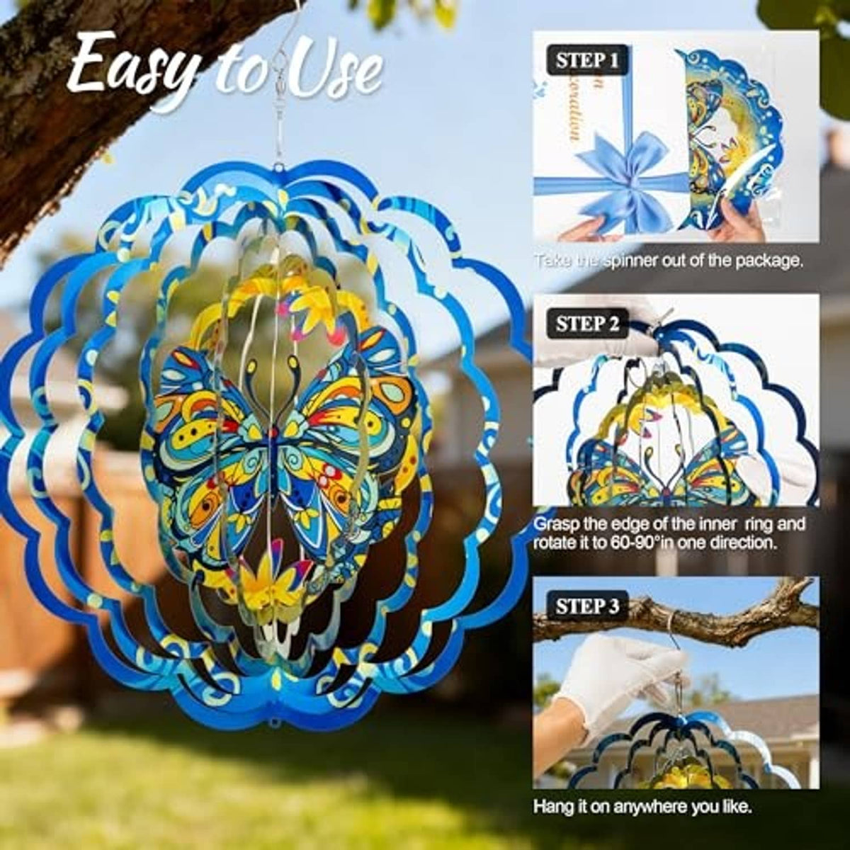 Blue butterfly wind spinner during assembly, showing layered ring rotation