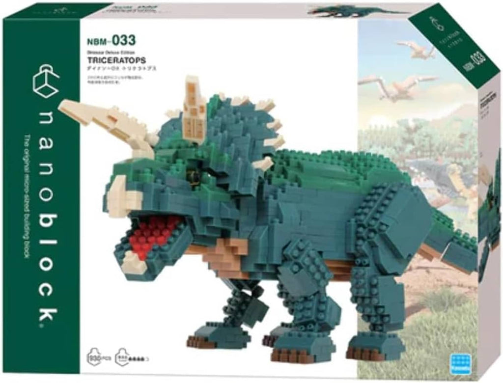 Nanoblock Triceratops deluxe edition box showing assembled green dinosaur model