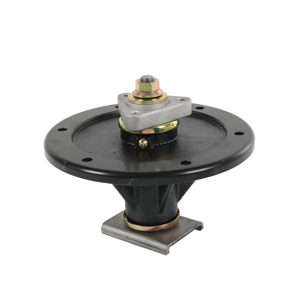 Black mower deck spindle with round base and top mounting plate, side view