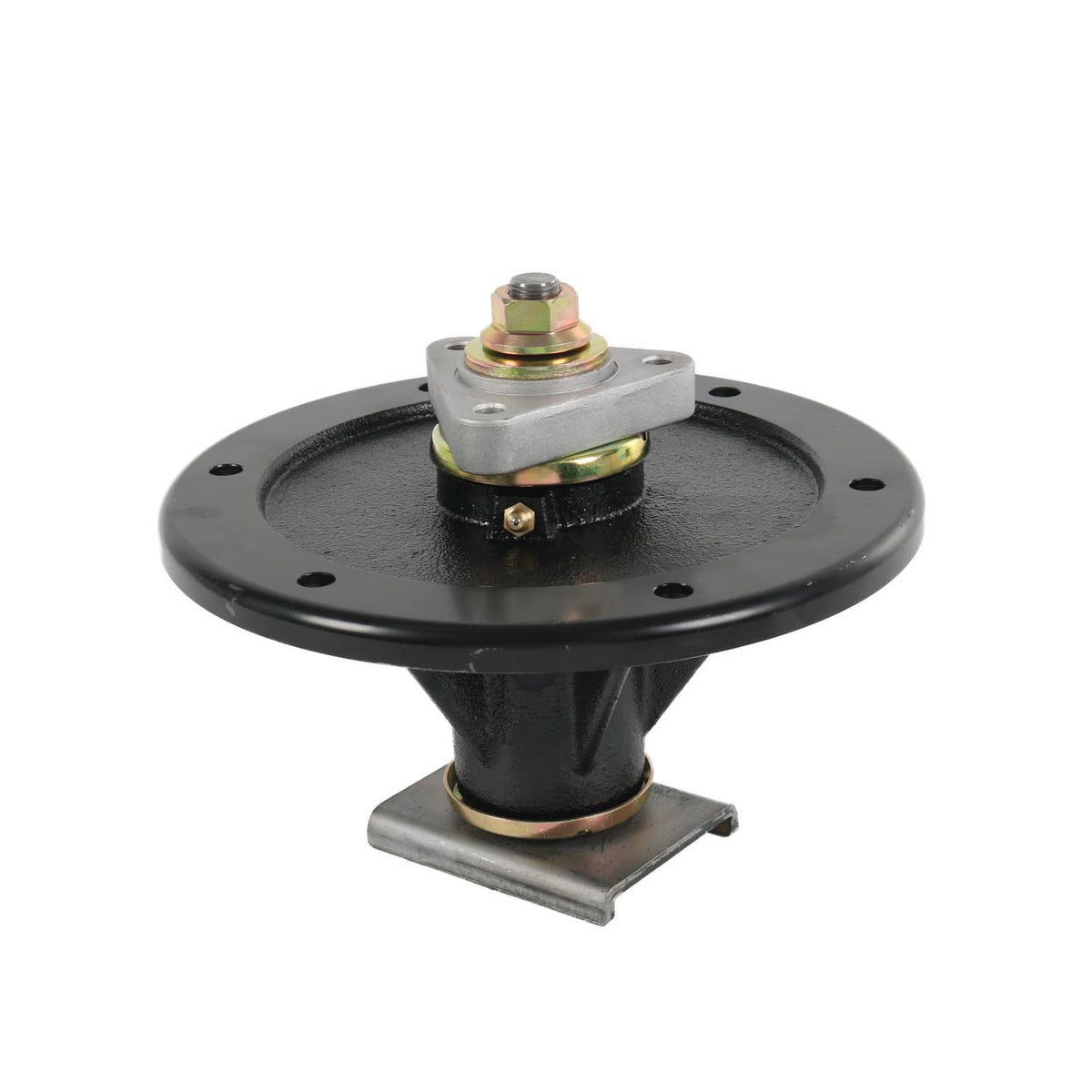 Black mower deck spindle with round base and top mounting plate, side view