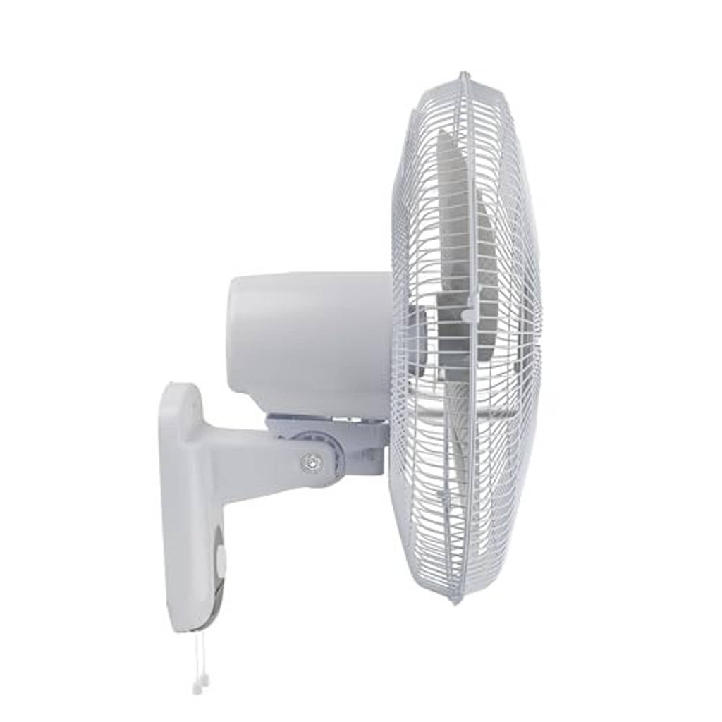Comfort Zone wall mount oscillating fan shown from side with tilt bracket