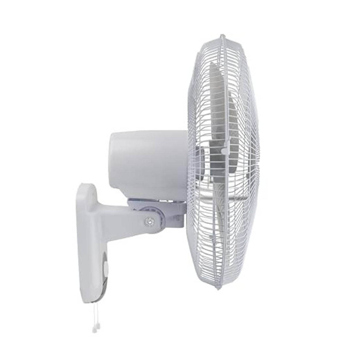 Comfort Zone wall mount oscillating fan shown from side with tilt bracket