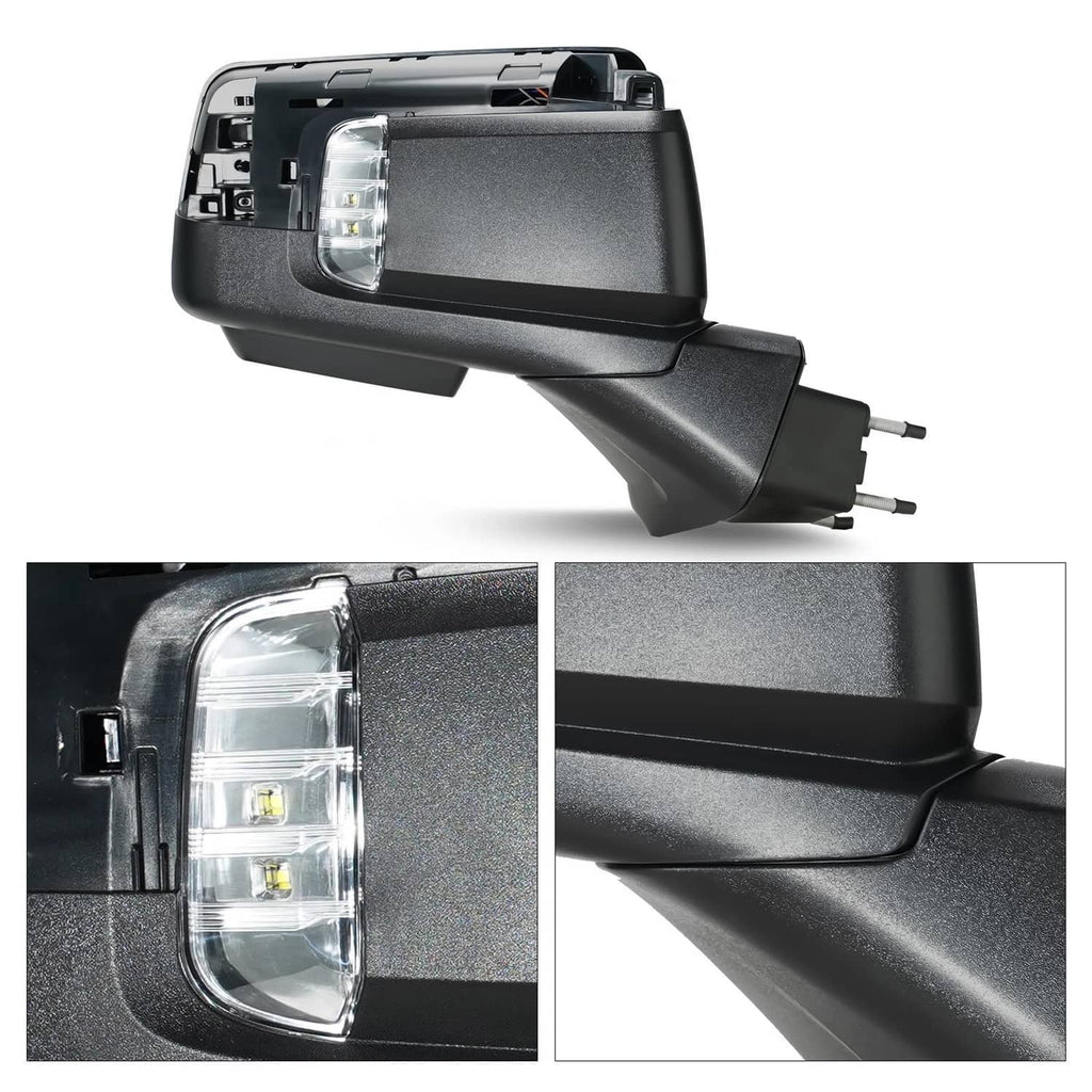 Heated passenger-side mirror with camera lens and textured housing detail, dark finish