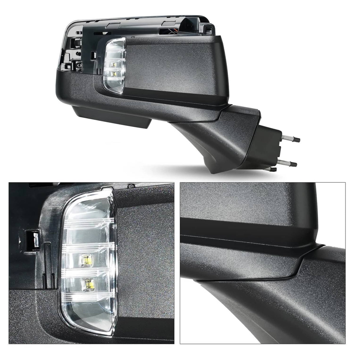 Heated passenger-side mirror with camera lens and textured housing detail, dark finish