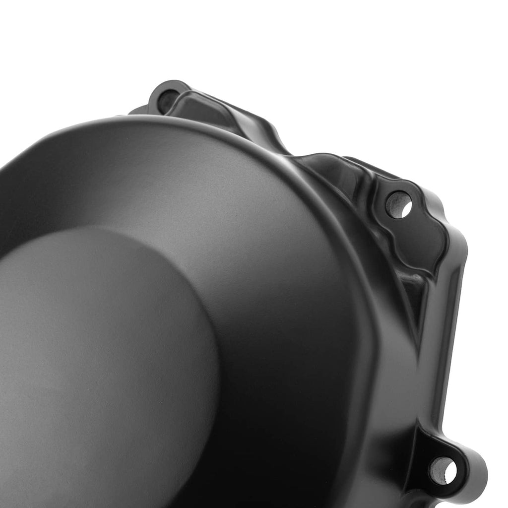 Matte black starter stator cover detail view with mounting bosses and molded ribs