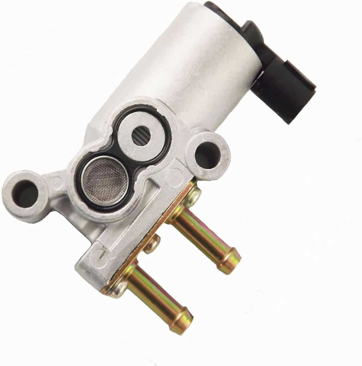Idle air control valve with metal body, mesh filter, and black electrical connector