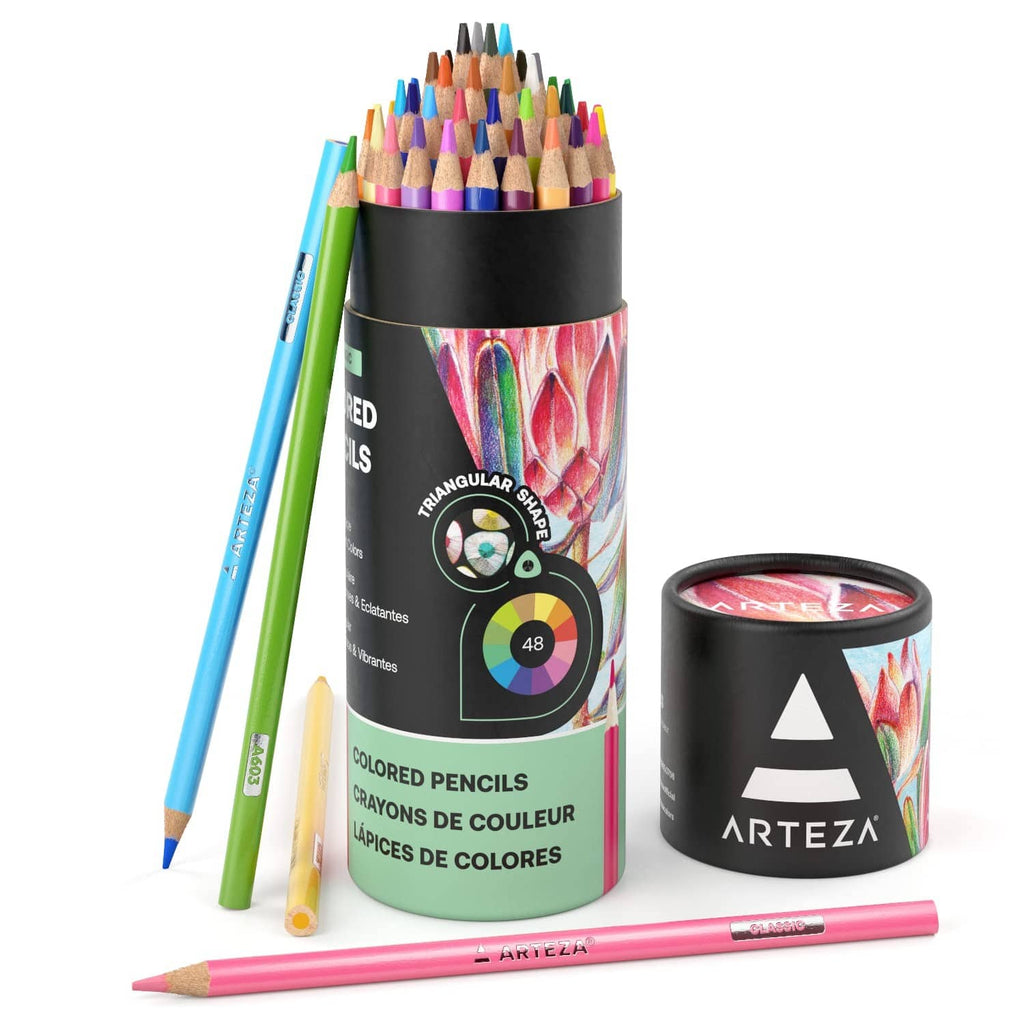 Arteza colored pencils in a cylindrical tin with multicolor sharpened tips and loose pencils
