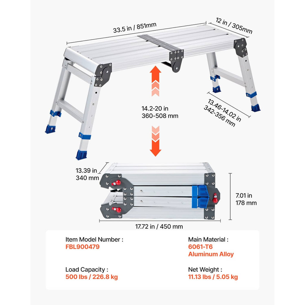Adjustable folding work platform with multi-position height legs and ribbed top