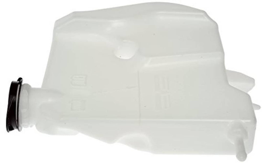 Non-pressurized coolant reservoir with cap opening and outlet hose on white housing