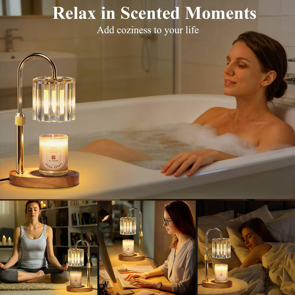 Candle warmer lamp with clear glass shade and lit candle jar beside a bathtub