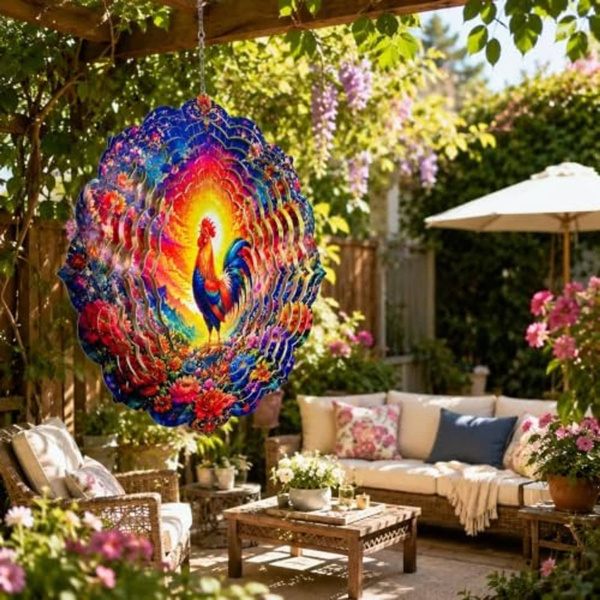 Large rooster wind spinner hanging outdoors with colorful floral trim