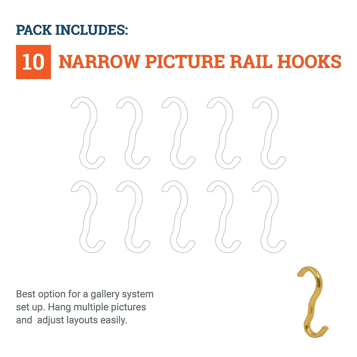 10-pack narrow picture rail hooks in brass finish, plus one shown in detail