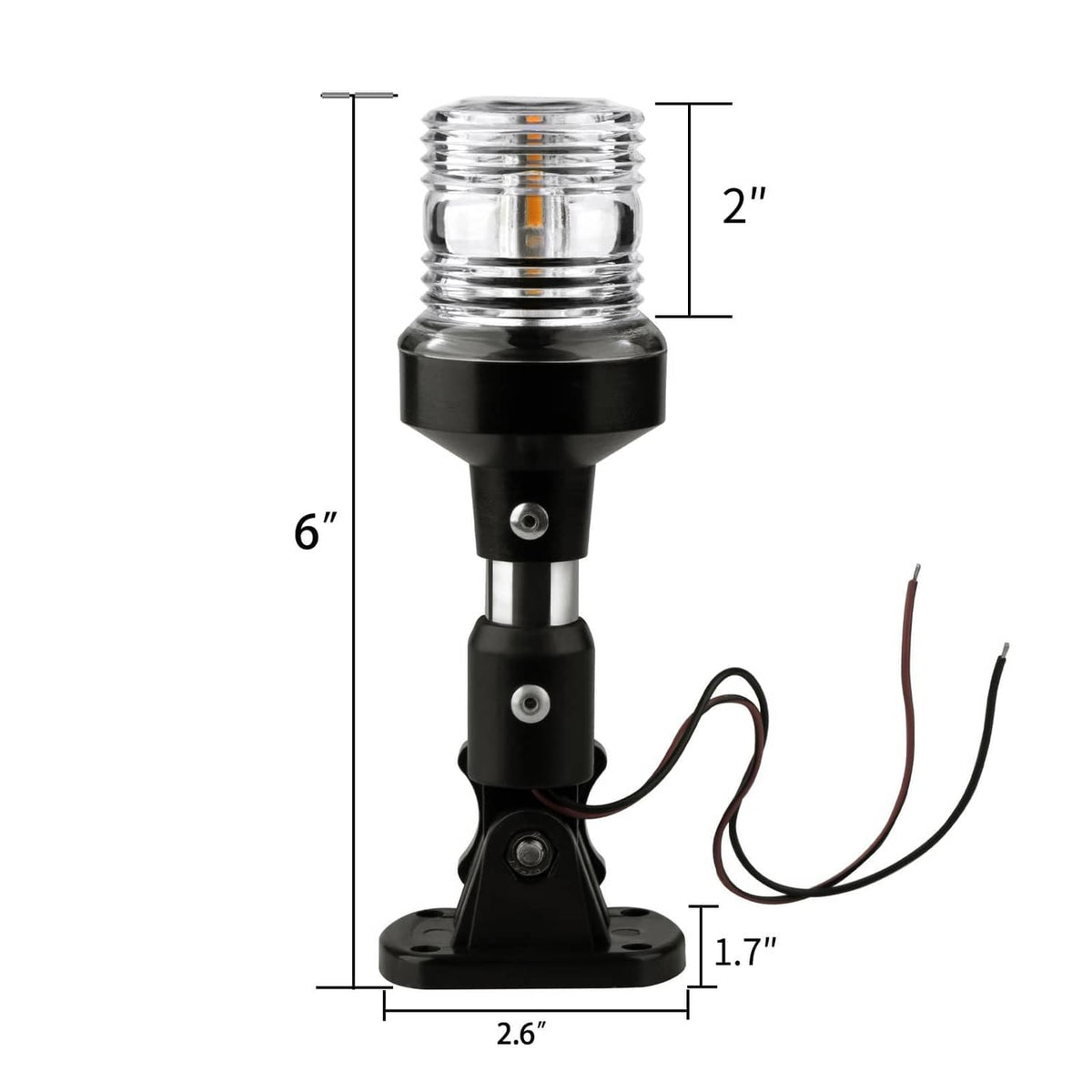 Adjustable boat stern light with clear LED lens on black pedestal base
