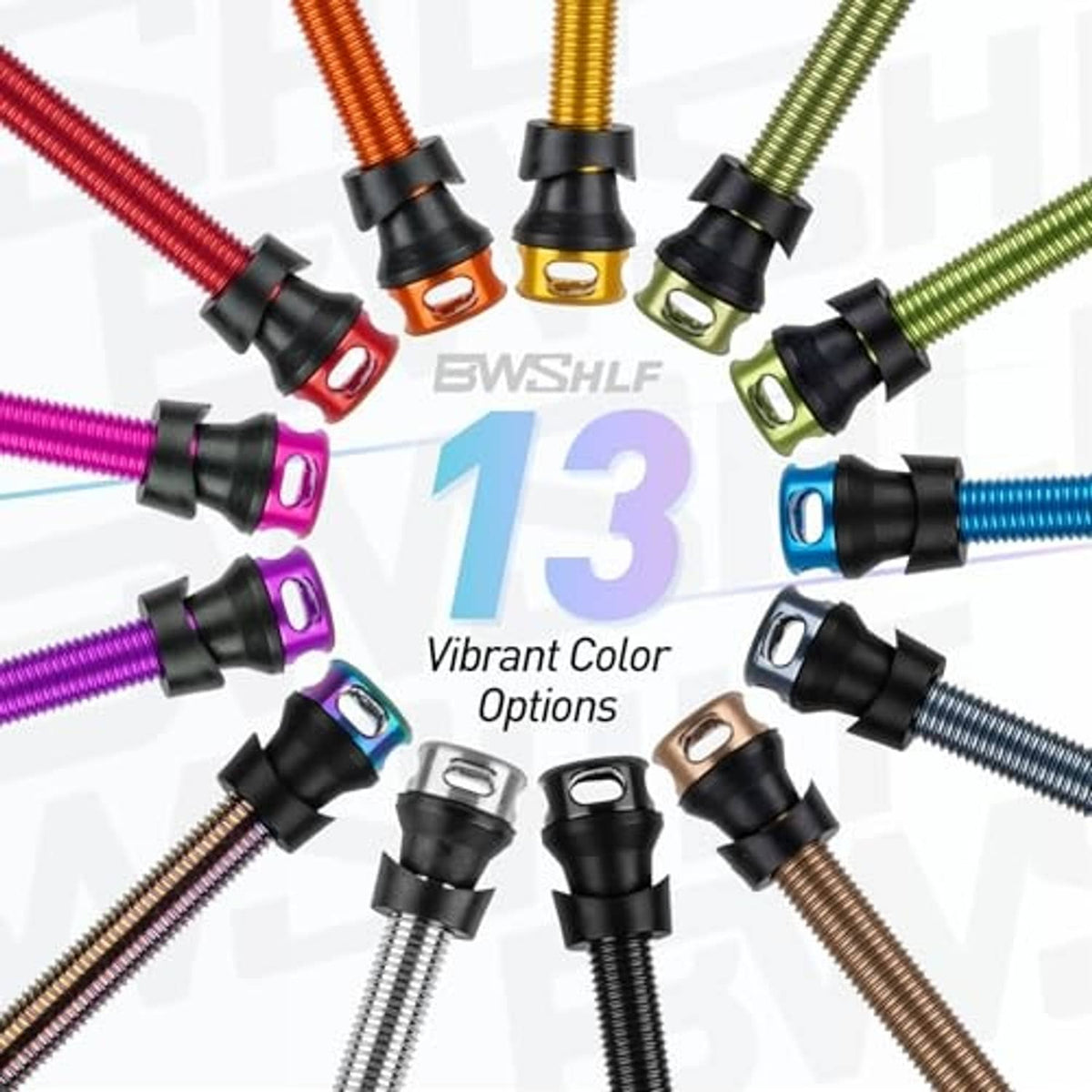 Assorted-color tubeless Presta valve stems, multiple lengths with black bases and caps