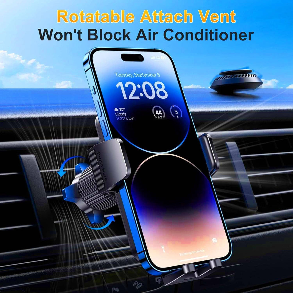 Car phone vent mount holder with adjustable arms, smartphone secured in portrait
