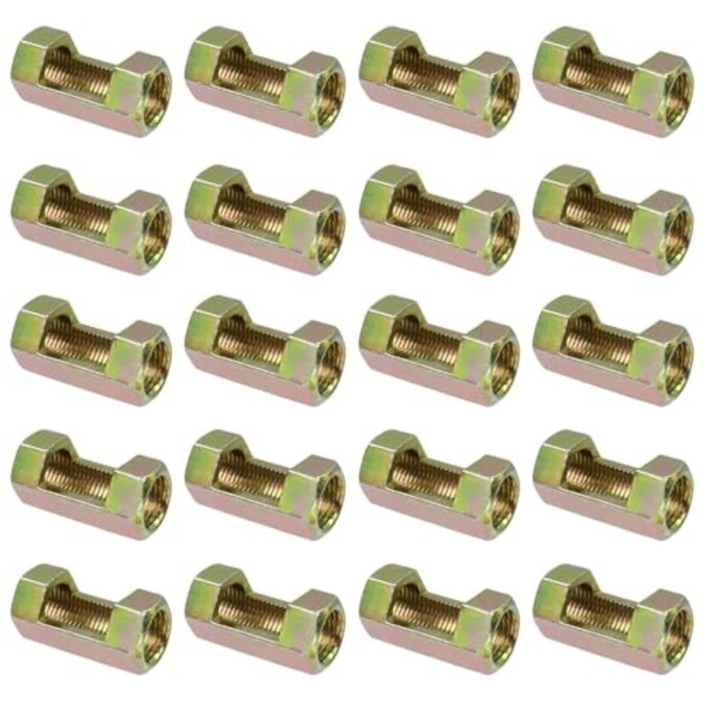 Multiple gold-toned hex coupling nuts with female threads, close-up arrangement