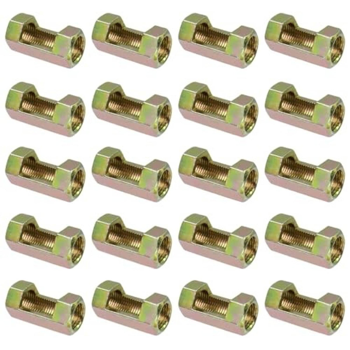 Multiple gold-toned hex coupling nuts with female threads, close-up arrangement