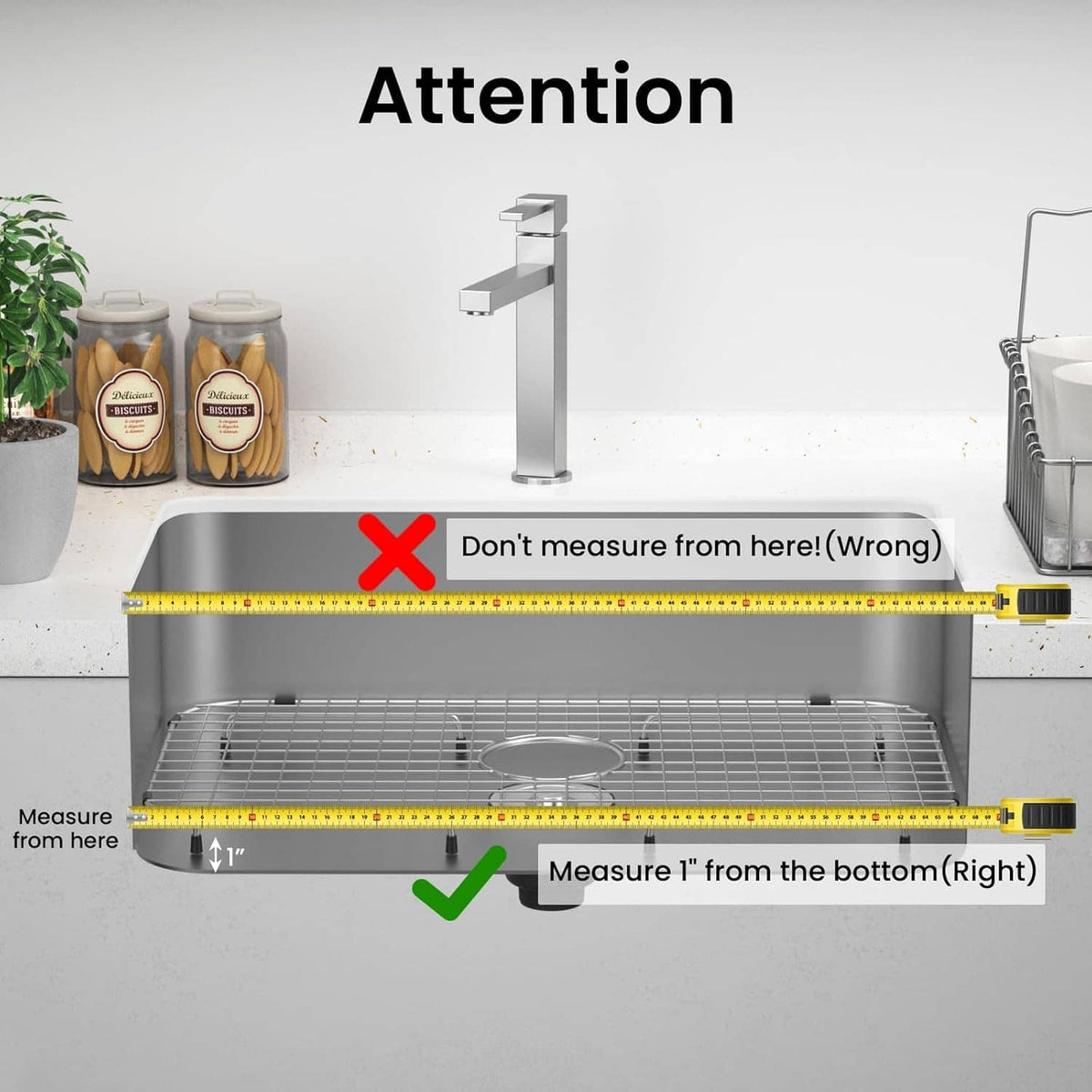 Sink bottom grid measuring placement guide for correct height from cabinet bottom
