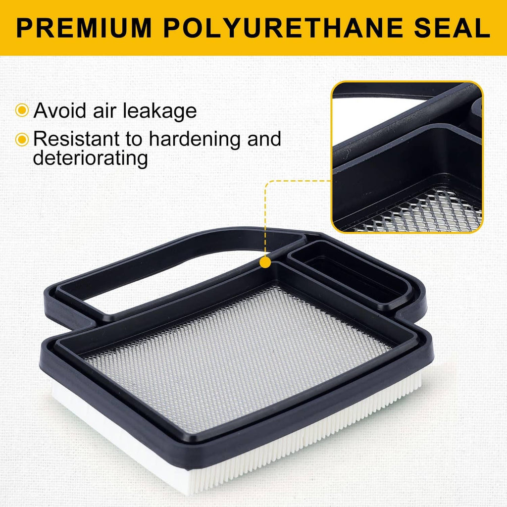 Air filter cartridge with foam seal and white pleated paper element in black frame