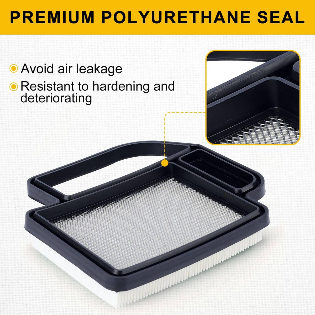 Air filter cartridge with foam seal and white pleated paper element in black frame