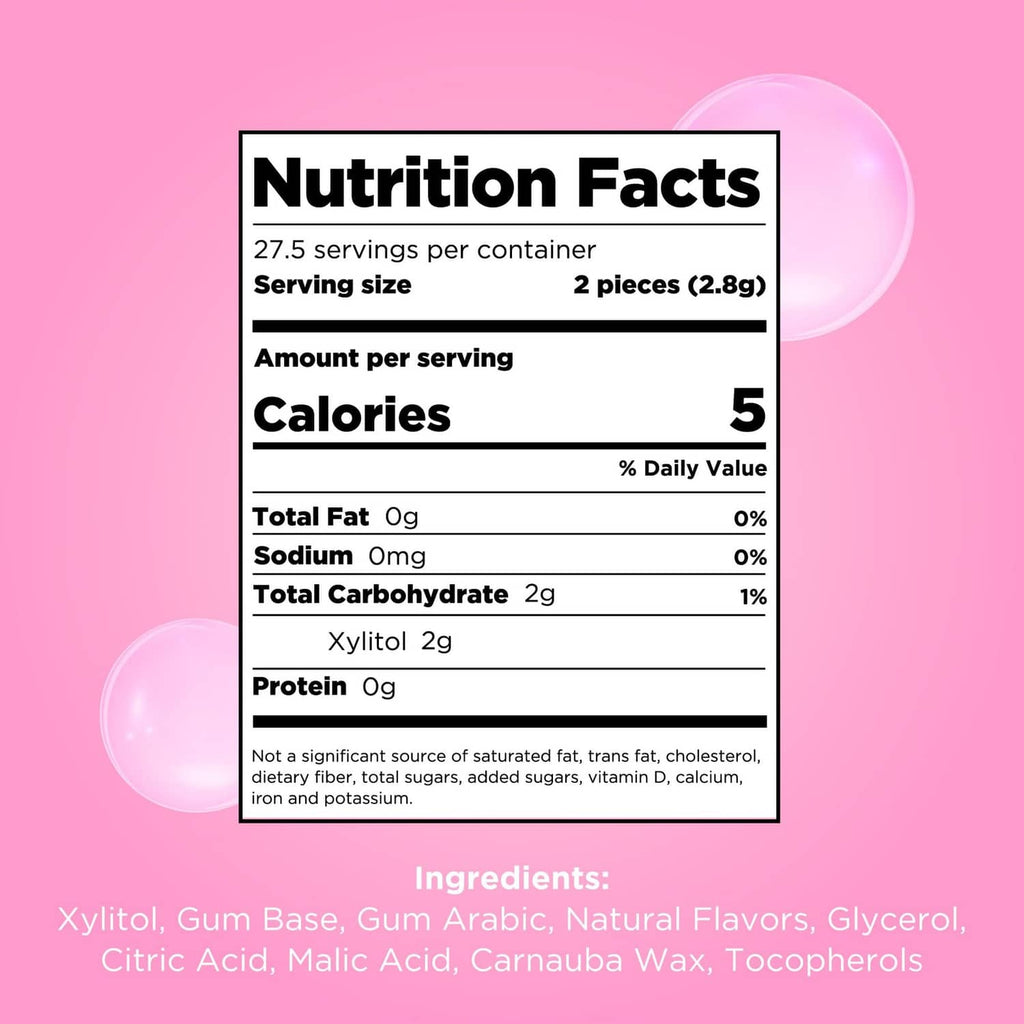 Nutrition Facts panel for xylitol bubblegum gum, calories 5 per serving