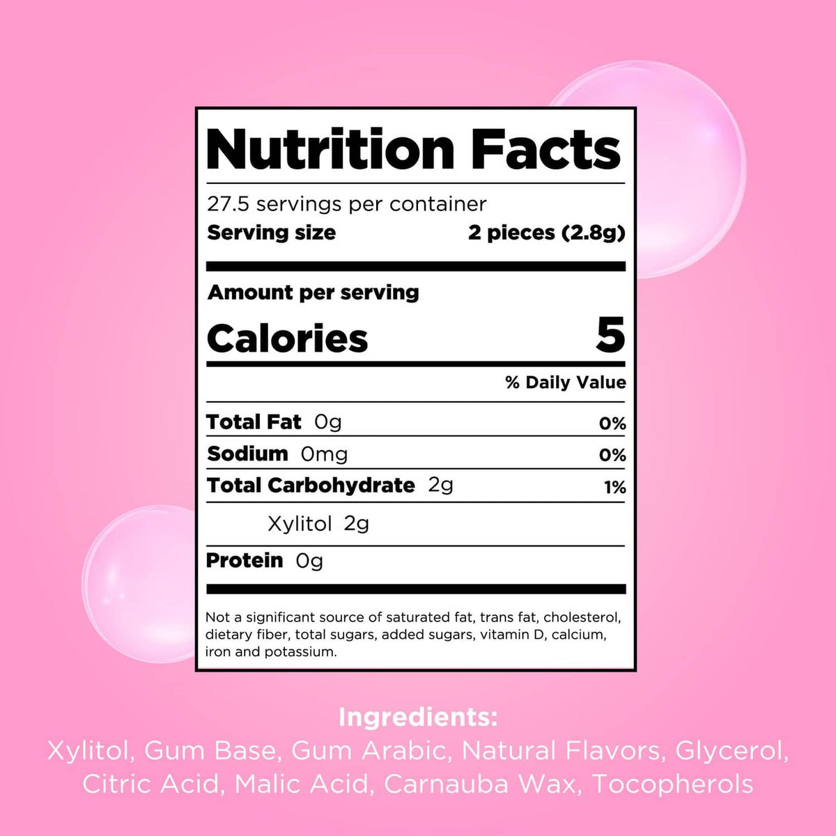 Nutrition Facts panel for xylitol bubblegum gum, calories 5 per serving