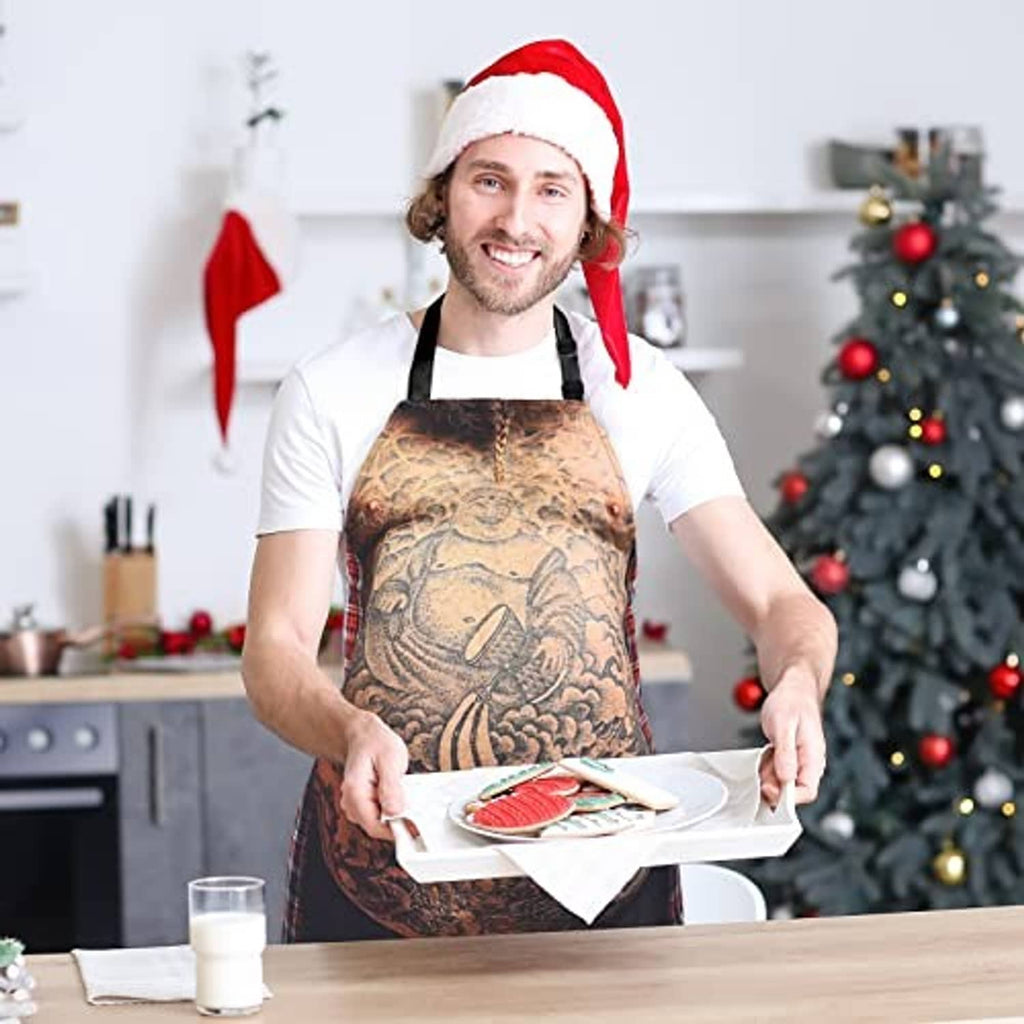 Muscular-print barbecue apron with black straps and leopard waist panel, worn by chef