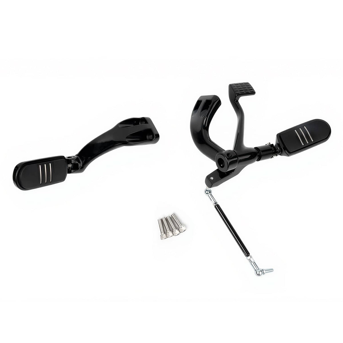 Black mid forward motorcycle footpeg levers with adjustable mounting hardware