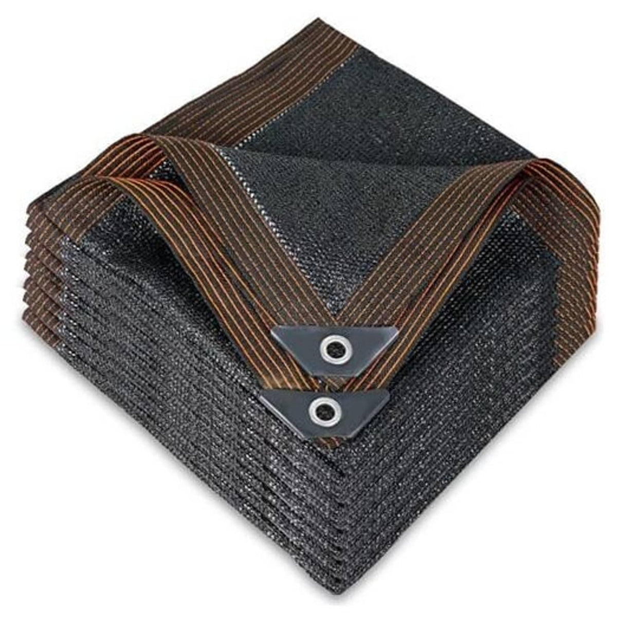 Black mesh shade cloth tarp, folded with brown trim and reinforced metal grommets
