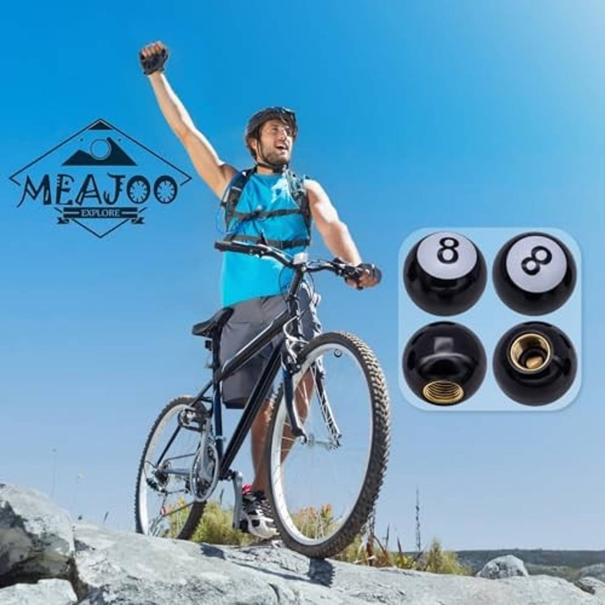 Set of four black 8-ball tire valve caps with gold threads and 8 icon
