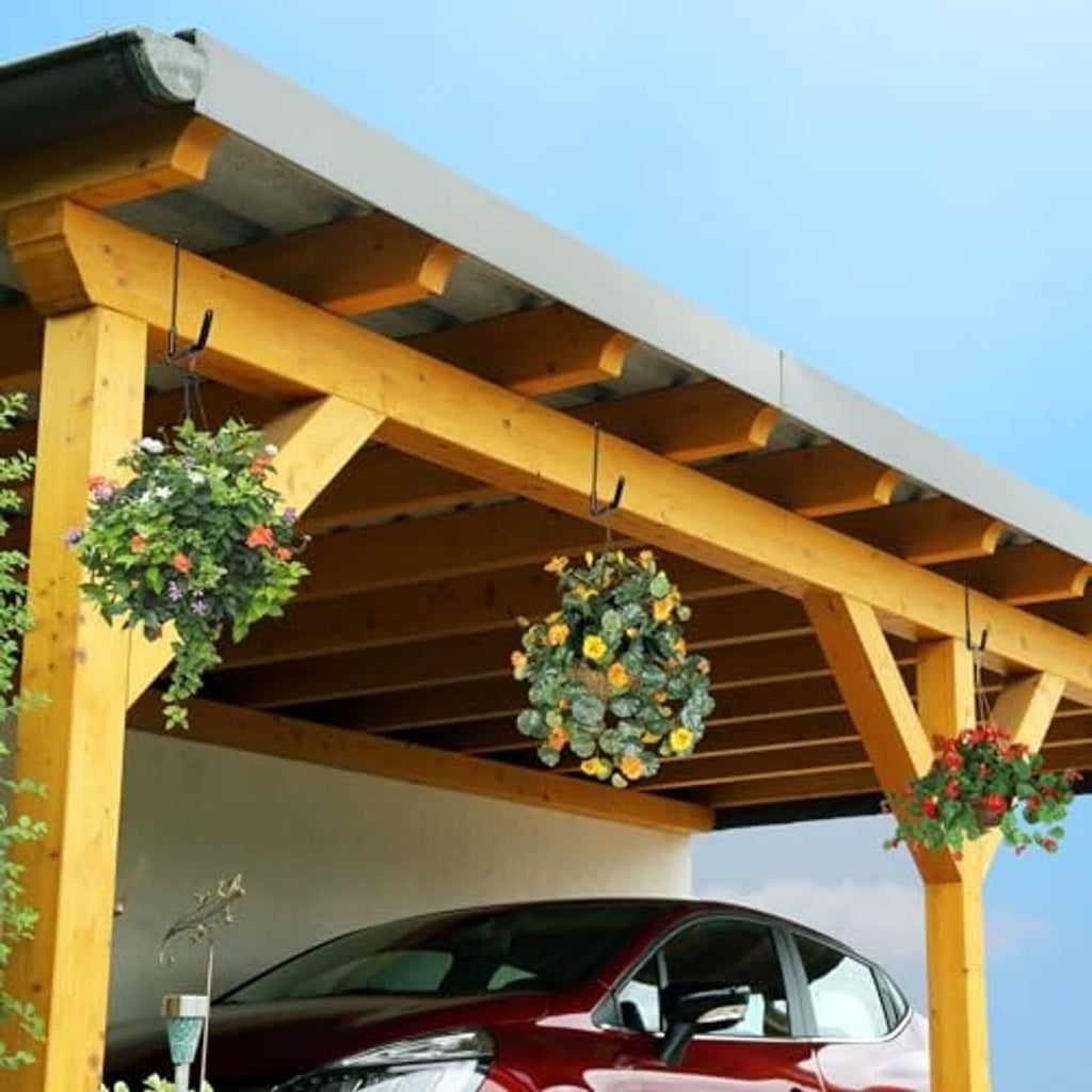 Garage rafter-style bike hooks mounted under wood beams for hanging storage