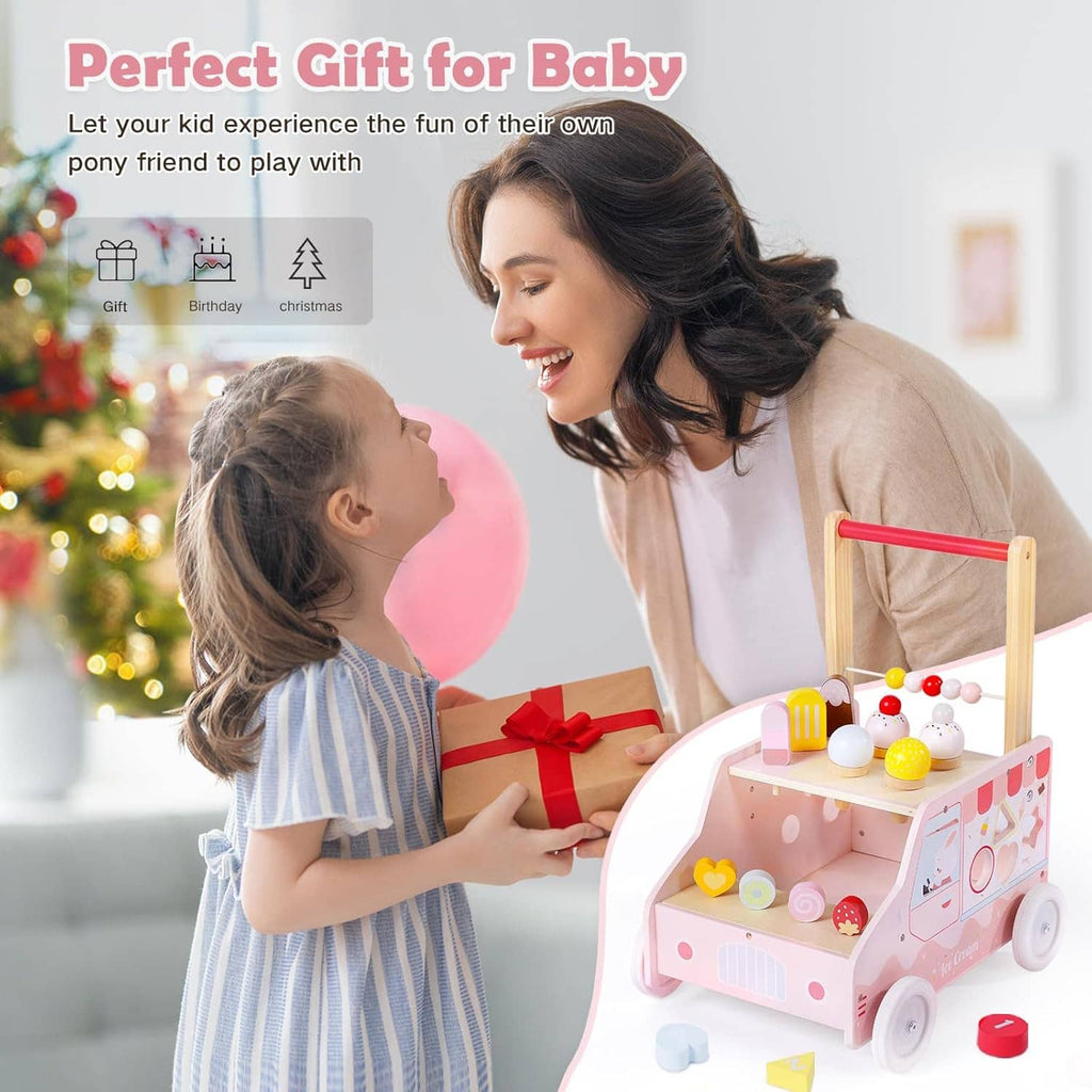 Parent and child playing with a pink wooden push walker with red handle and ice-cream toys