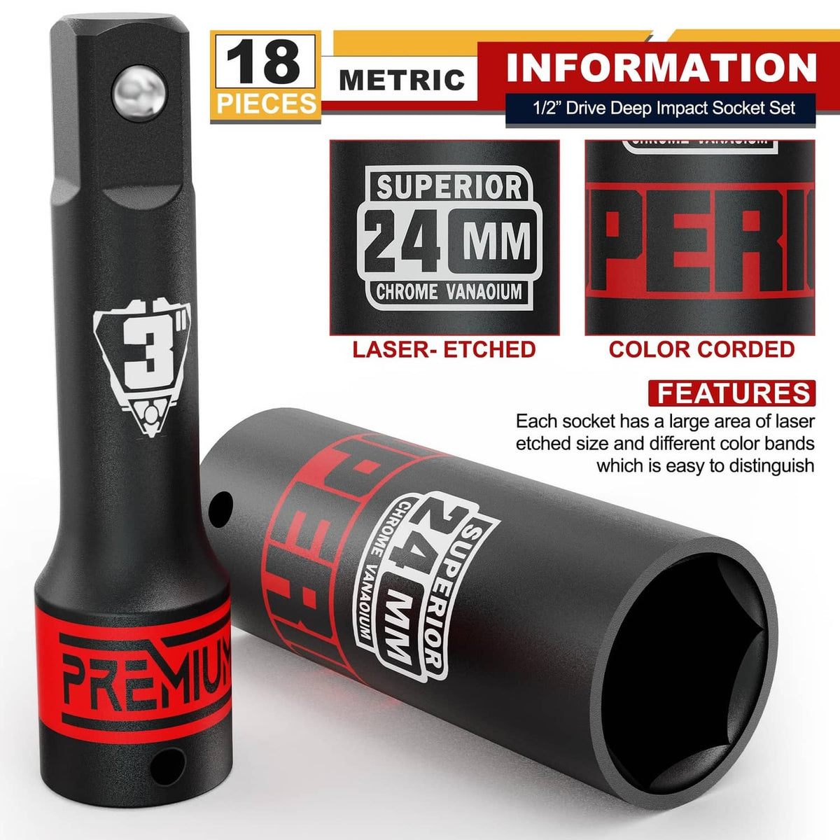 1/2-inch drive deep impact sockets, metric 18-piece set, showing 19 mm and 24 mm