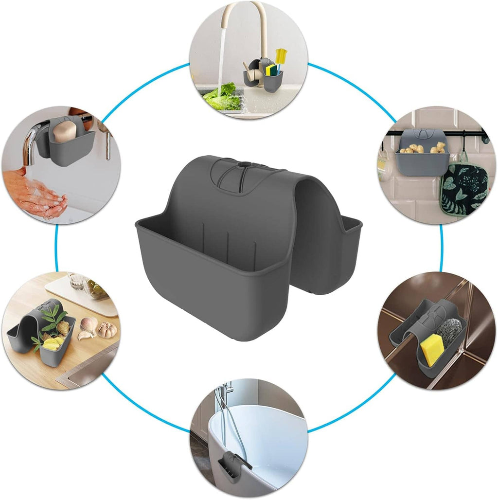 Gray silicone sink caddy with multiple storage sections shown in use