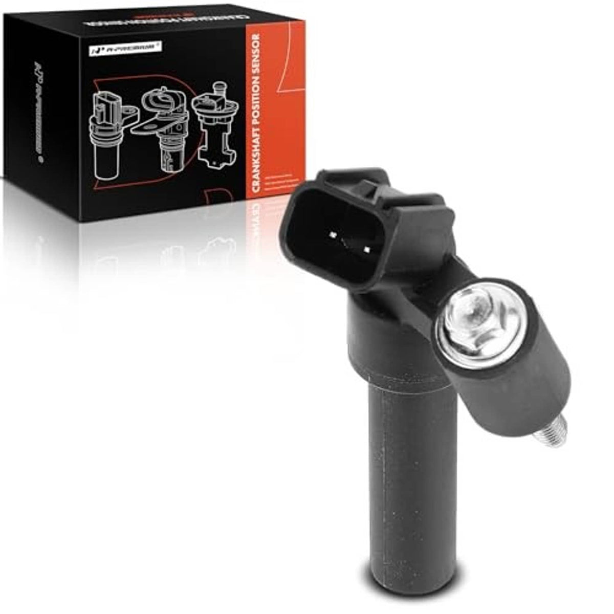 Crankshaft position sensor, black body with angled connector and silver mounting screw