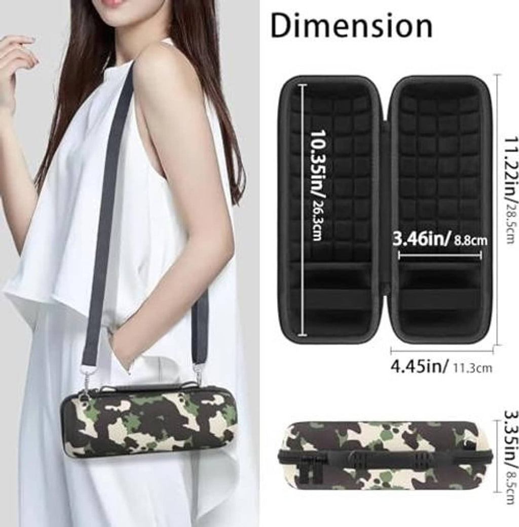 Camouflage hard speaker case with black interior, carried crossbody with zipper closure