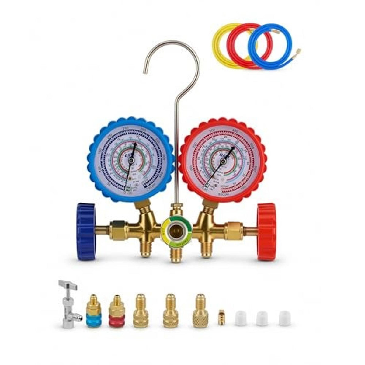 3-way AC manifold gauge set with blue/red gauges, brass manifold, and color hoses