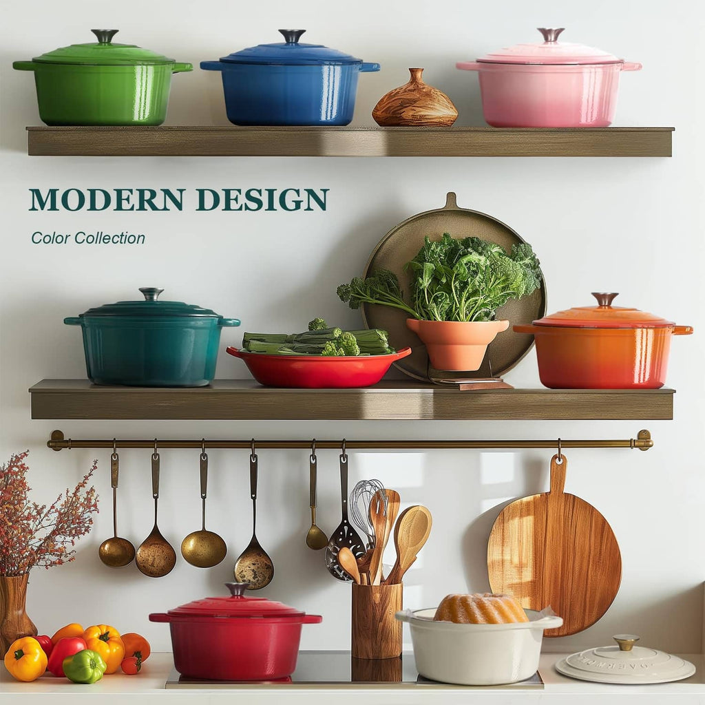 Set of colorful enameled dutch ovens with matching lids on countertop shelf
