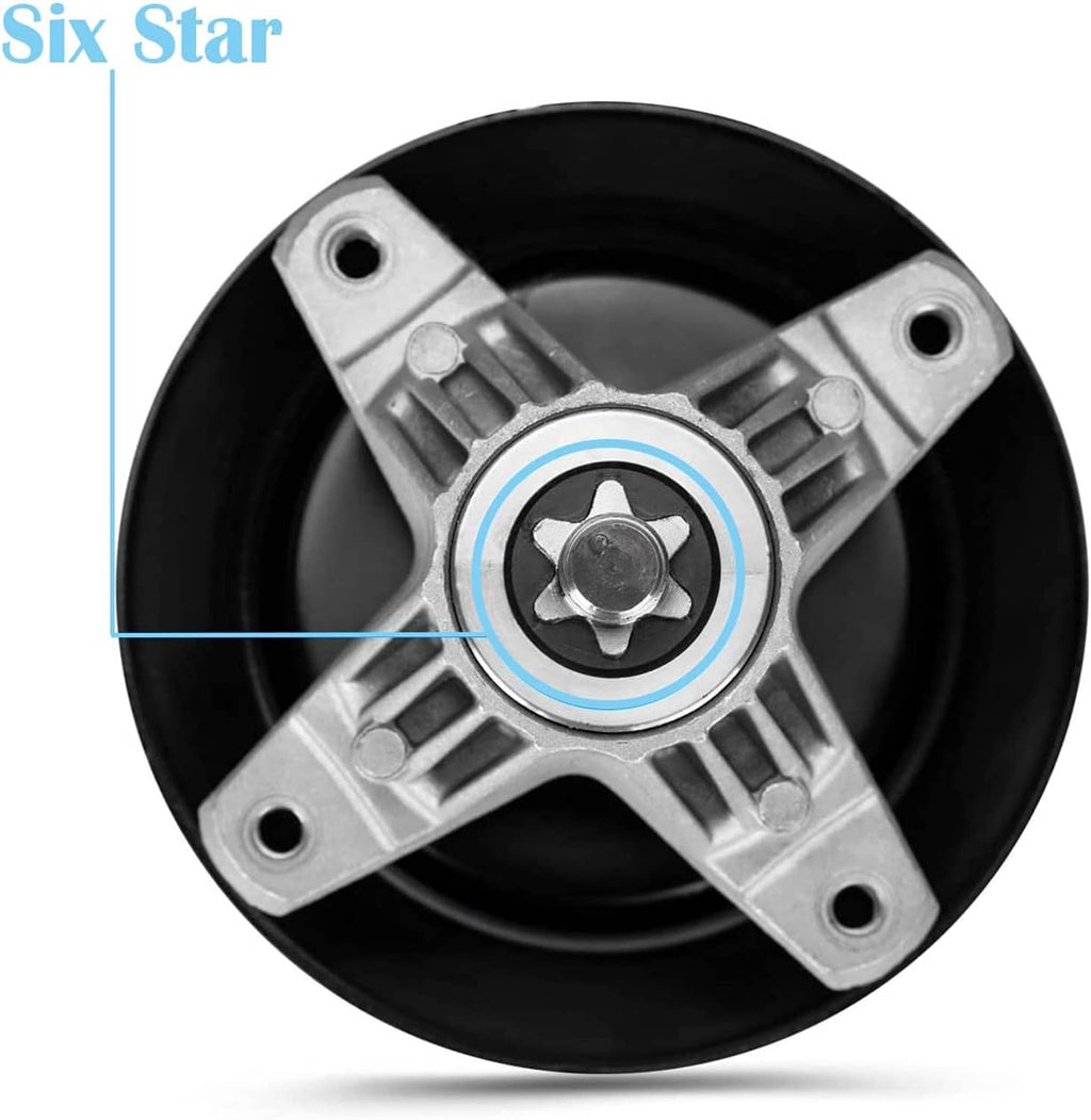 Lawn mower deck spindle assembly with hex cap on star-shaped pulley base plate