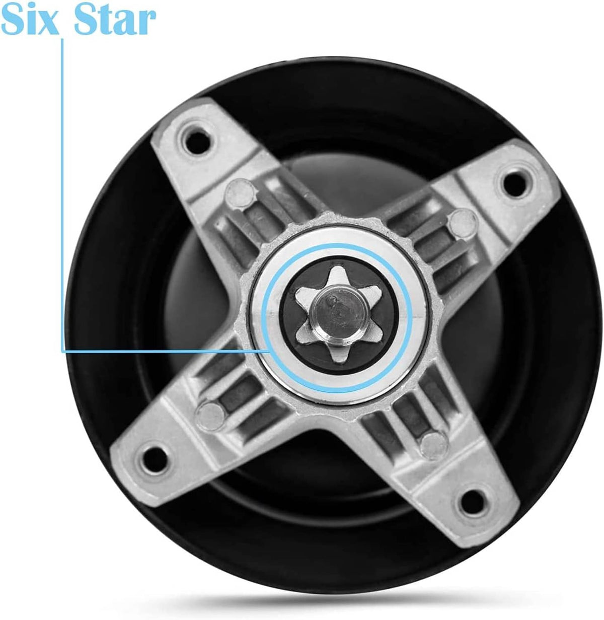 Lawn mower deck spindle assembly with hex cap on star-shaped pulley base plate