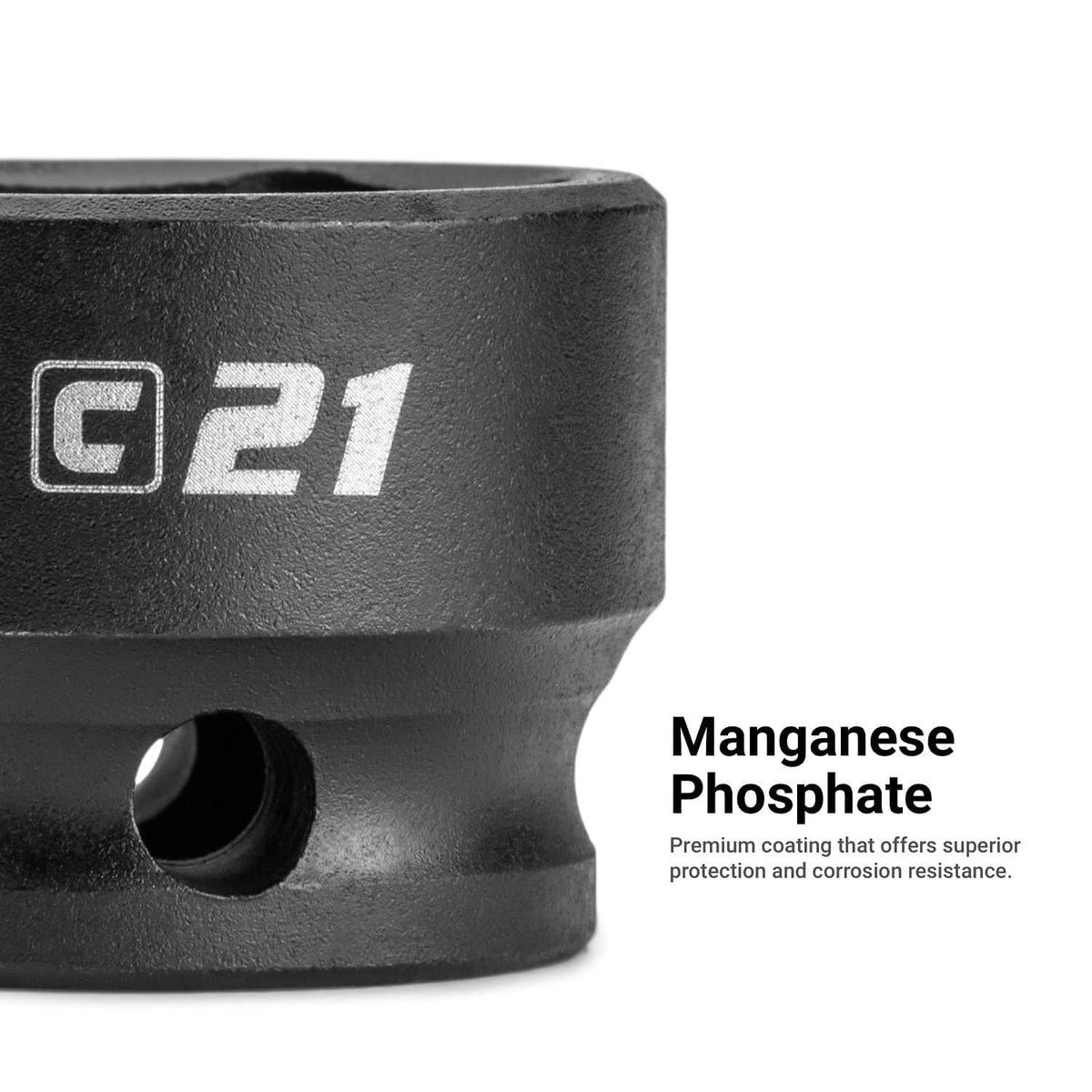 Close-up of stubby impact socket with 32 marking, dark finish, manganese phosphate coating