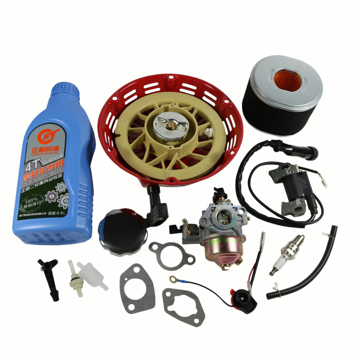 Small engine tune-up parts kit: red recoil starter, carburetor, ignition coil, filter, plugs