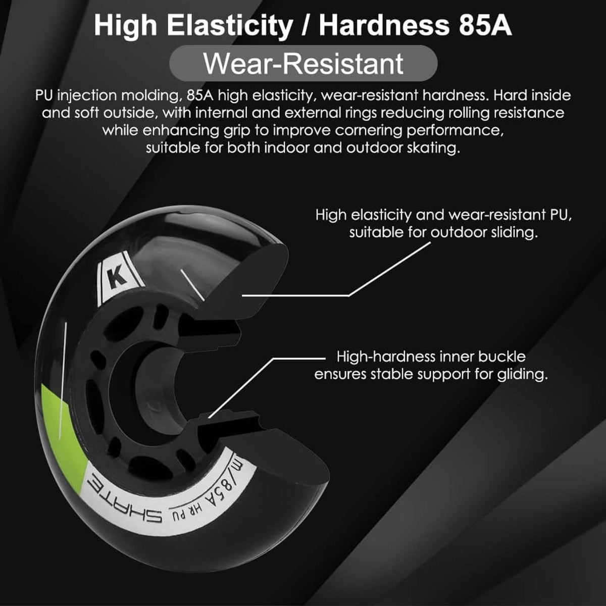 Black inline skate wheel with green accent stripe and white hardness markings, angled view