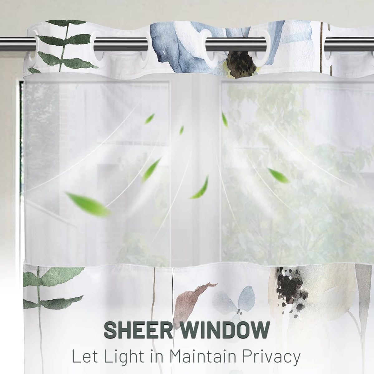 Sheer shower curtain panel with light blue and green floral pattern and header