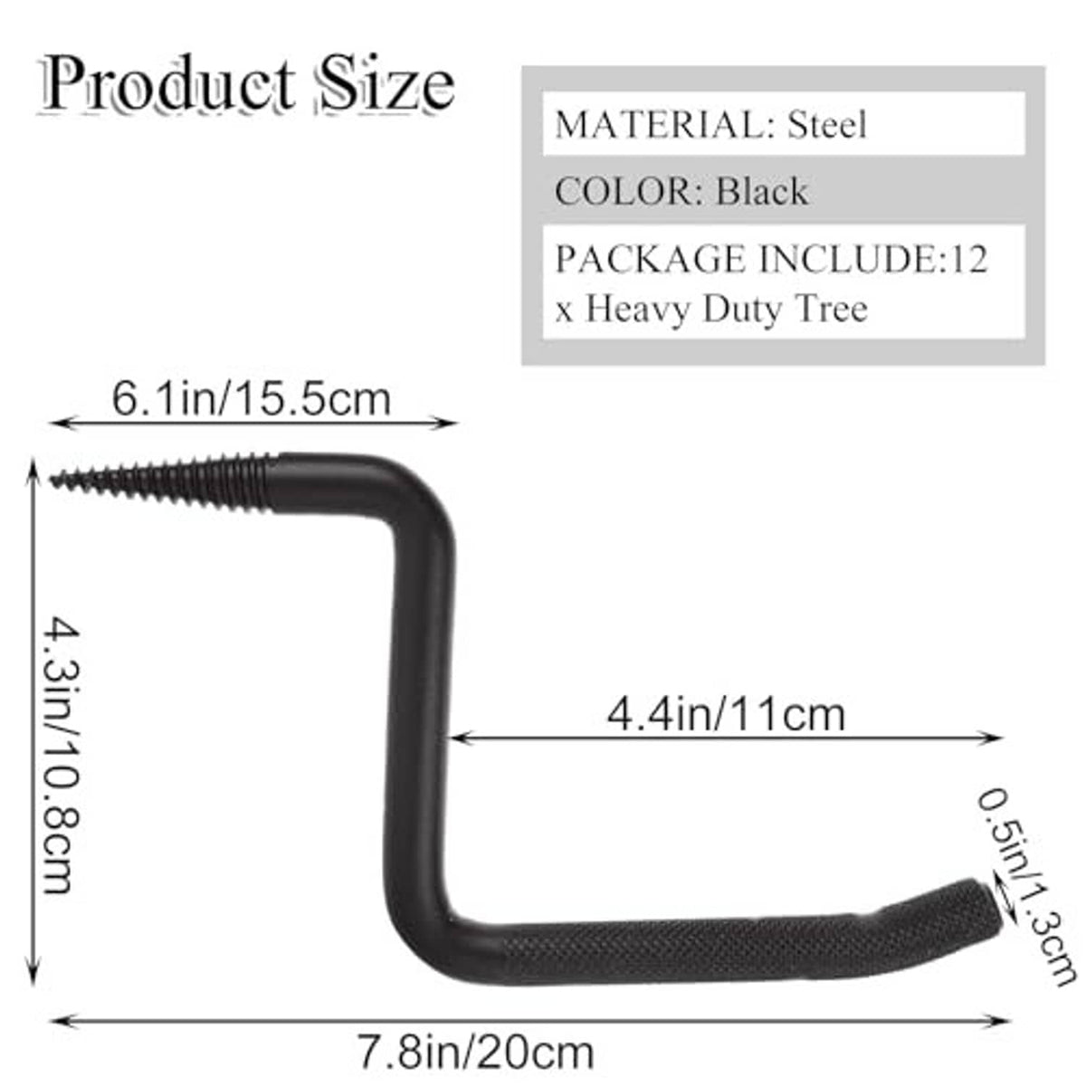 Black steel screw-in tree step with dimensions and textured grip on the foot bar