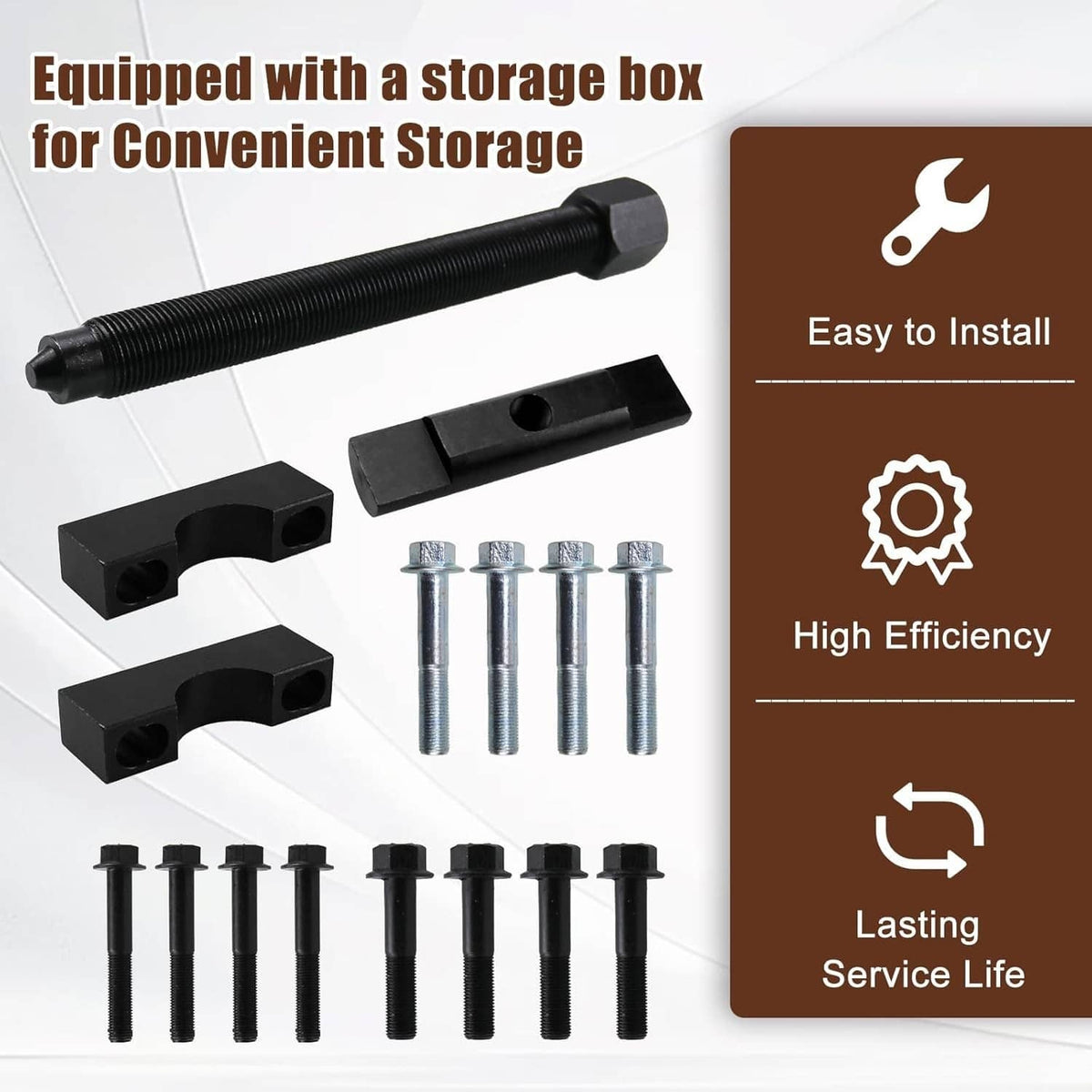 Yoke puller tool set with storage box, clamps, bolts, and long threaded screw