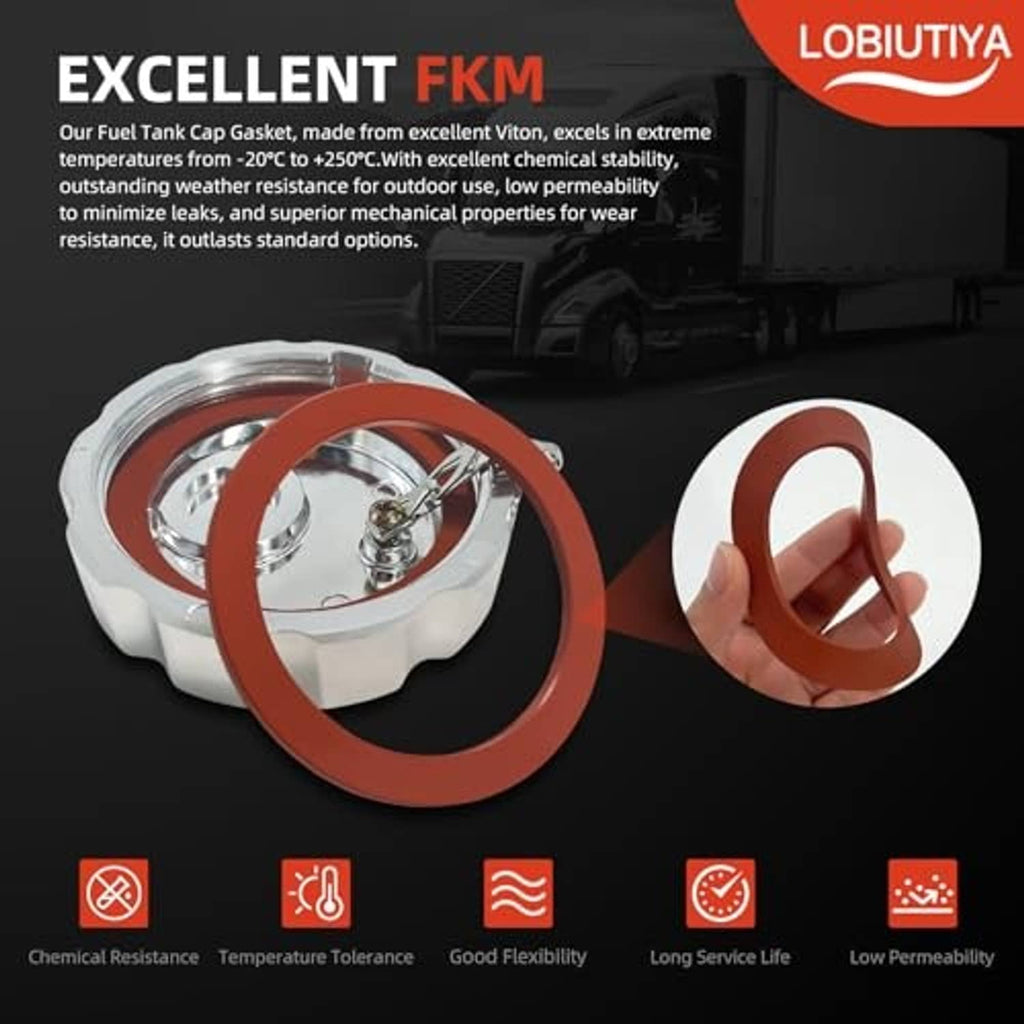 Metal fuel tank cap with red gasket ring and chain, set shown on dark background.